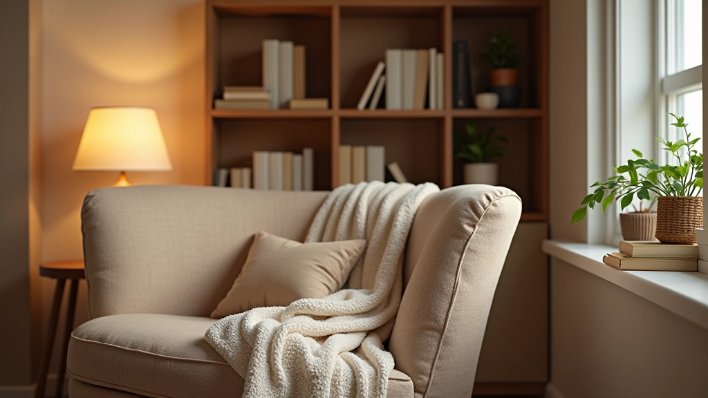Cozy reading nook with comfortable seating and warm lighting