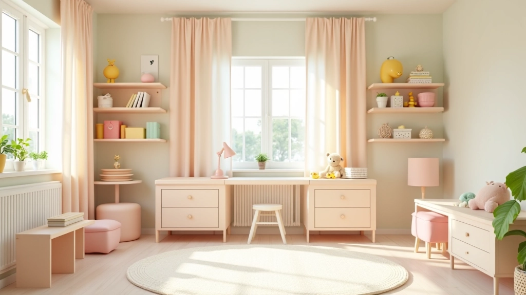 Bright child's bedroom with organized storage, colorful accents, safe play area, and age-appropriate furniture