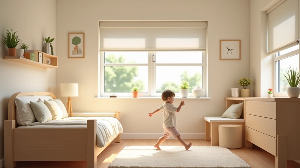 Safe child's bedroom showing anchored furniture, cordless window treatments, soft corner guards, and safety features