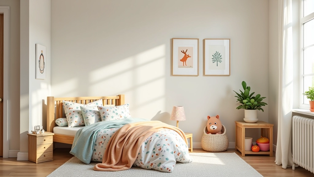 Child's bedroom with soft neutral wall colors and colorful bedding and accessories providing personality