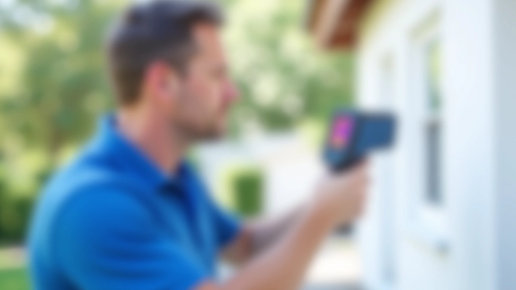 Modern home energy audit professional using thermal imaging camera to detect heat loss through exterior walls