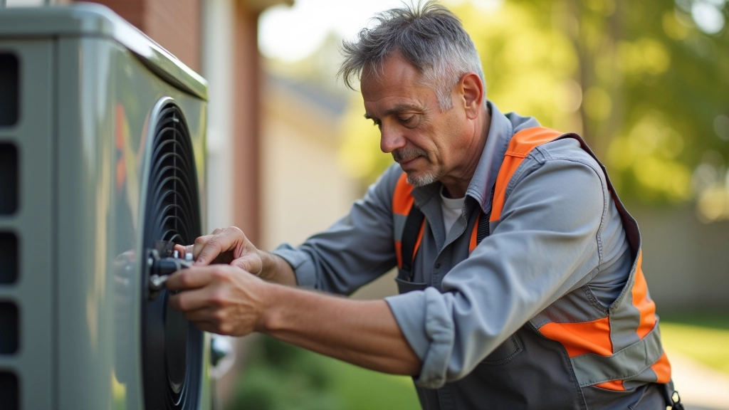HVAC technician in safety vest performing maintenance on outdoor air conditioning unit with tools nearby