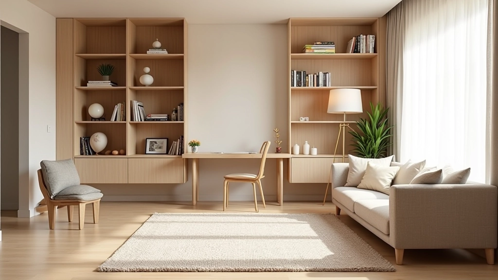 Room layout showing distinct zones with area rugs, furniture placement, and visual separation using shelving and lighting