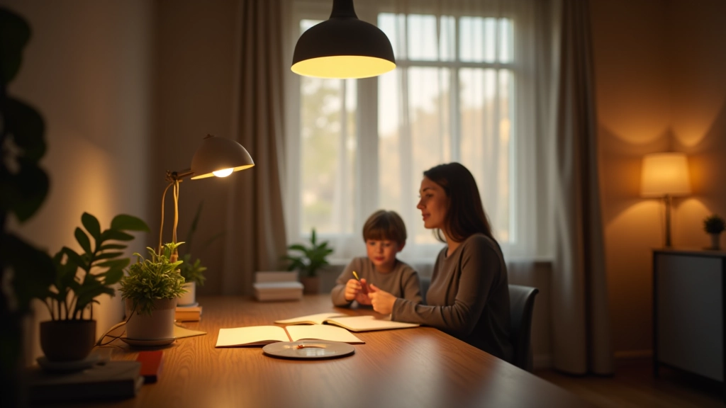 Room with layered lighting including desk lamp, overhead fixture, accent lighting, and natural light from windows creating different moods