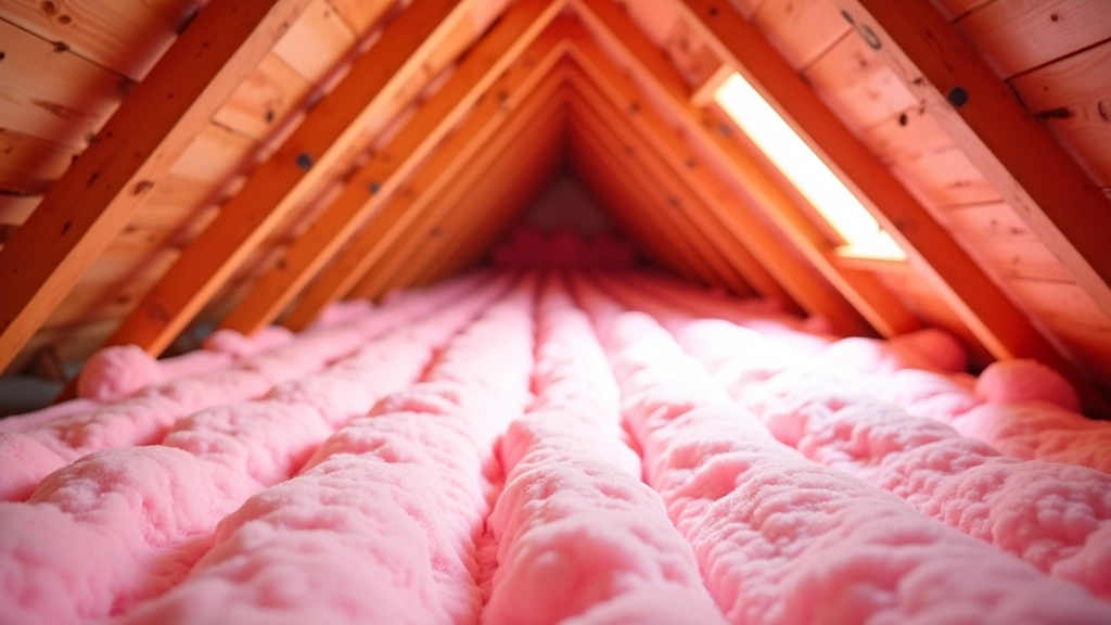 Attic space showing newly installed fiberglass insulation batts between wooden ceiling joists in a residential home