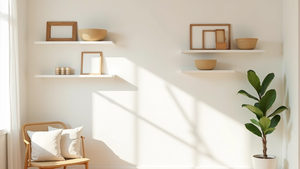 Wall shelving system with organized baskets, labeled storage containers, and multipurpose closet organization in home office setting