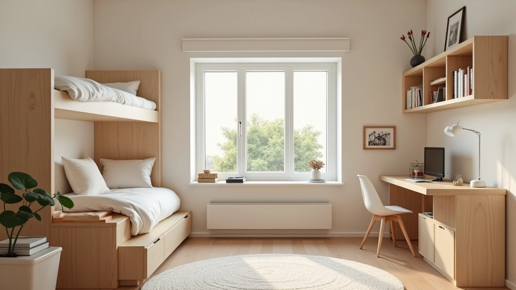 Adjustable-height desk and bed frame with space-saving storage underneath in a child's bedroom