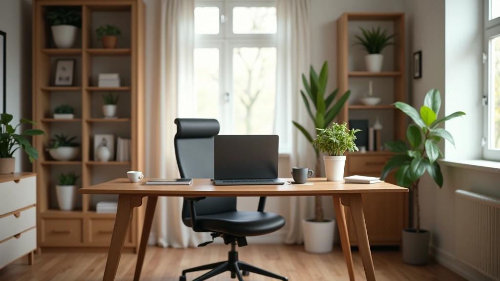 Modern home office workspace with desk, natural lighting, and organized storage