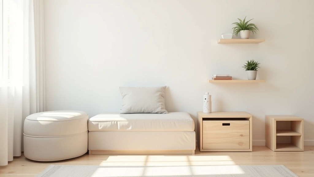 Collection of multipurpose furniture pieces including murphy bed, storage ottoman, and compact desk in various home settings