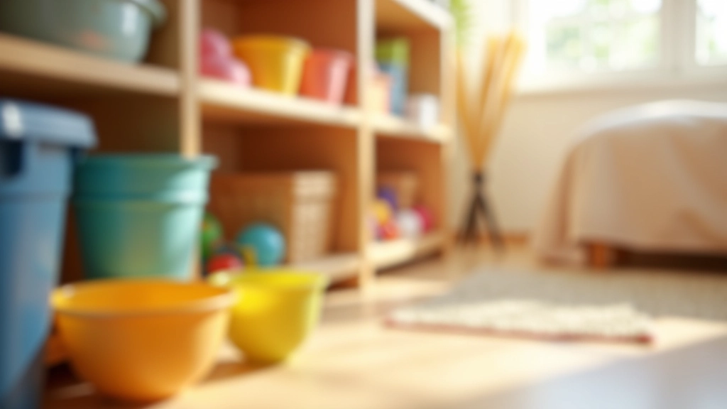 Low-level storage shelves and bins with toys and books organized at child's reach level
