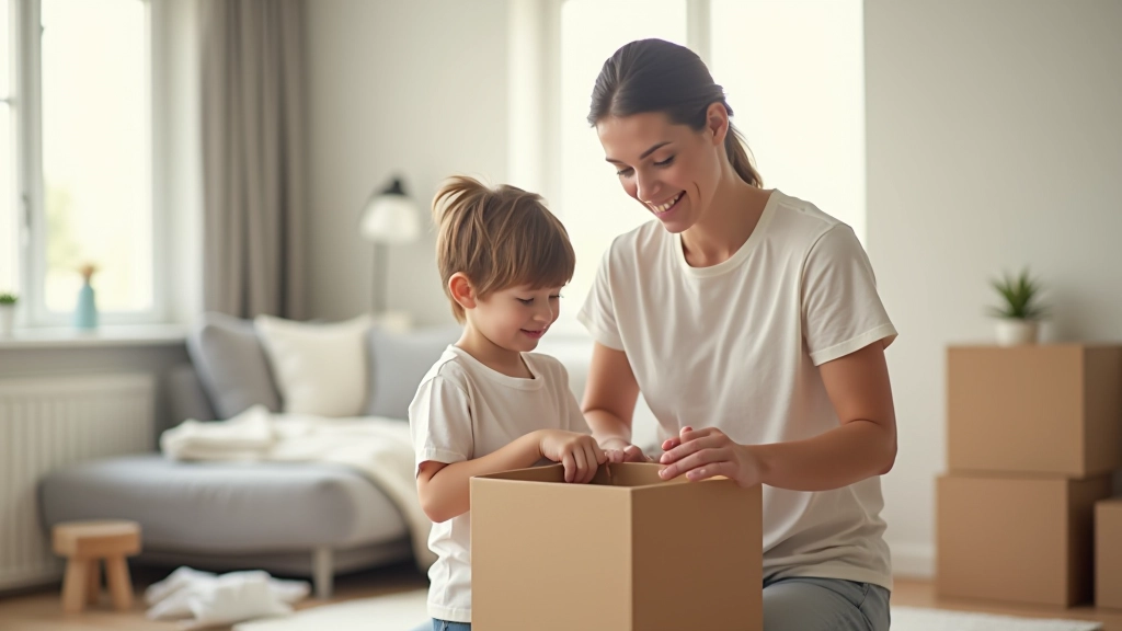 Parent and child organizing colorful storage bins in a spacious, well-lit bedroom with neutral walls